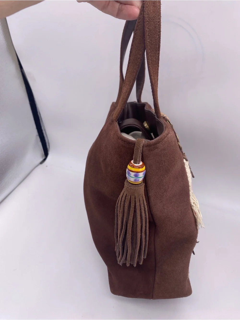 St. John's Bay Brown Suede Shoulder Tote with Girl & Scottie Appliqué - Picture 3 of 8